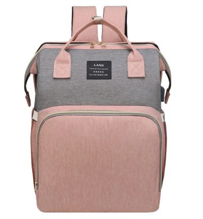 Pink Portable Mommy Bag with Baby Crib – Multi-Function Baby Diaper Backpack, Lightweight and Large Capacity for Moms