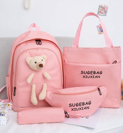 Pink Cute Little Bear Girls' Backpack Set – Korean Style Large Capacity School Bag for High School & Middle School Students, 4-Piece Set