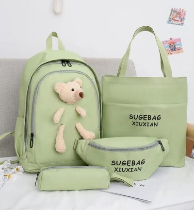 Green Cute Little Bear Girls' Backpack Set - Korean Style Large Capacity School Bag for High School & Middle School Students, 4-Piece Set