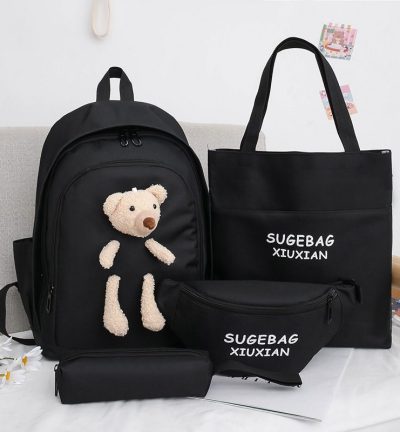 Black Cute Little Bear Girls' Backpack Set - Korean Style Large Capacity School Bag for High School & Middle School Students, 4-Piece Set