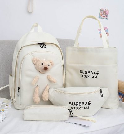 White Cute Little Bear Girls' Backpack Set - Korean Style Large Capacity School Bag for High School & Middle School Students, 4-Piece Set