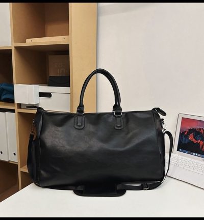 Black Solid Color Unisex Large Capacity Fitness Bag – Leather Sports Bag, Crossbody Travel Bag, Gym and Luggage Handbag
