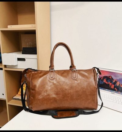 Brown Solid Color Unisex Large Capacity Fitness Bag - Leather Sports Bag, Crossbody Travel Bag, Gym and Luggage Handbag