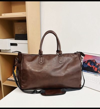 Dark Brown Solid Color Unisex Large Capacity Fitness Bag - Leather Sports Bag, Crossbody Travel Bag, Gym and Luggage Handbag