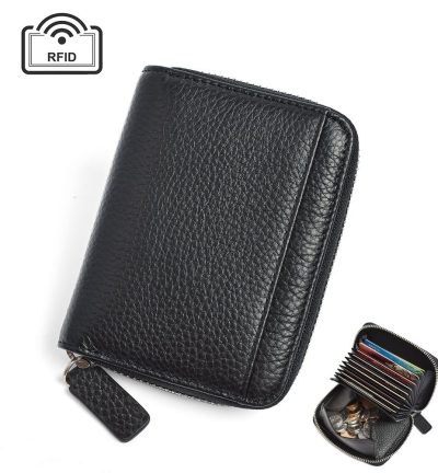 Black Genuine Leather Women’s Wallet – Short Accordion Card Holder with RFID Protection, Zippered Coin Purse in Cowhide Leather, Japanese Style