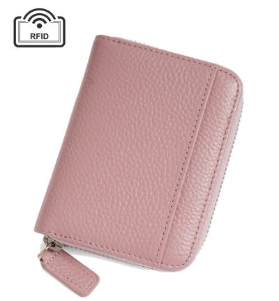 Pink Genuine Leather Women’s Wallet – Short Accordion Card Holder with RFID Protection, Zippered Coin Purse in Cowhide Leather, Japanese Style