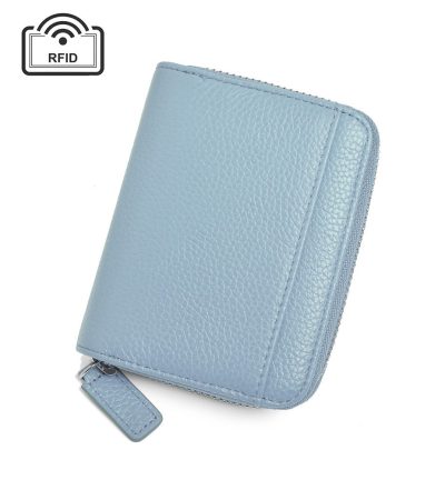 Blue Genuine Leather Women’s Wallet – Short Accordion Card Holder with RFID Protection, Zippered Coin Purse in Cowhide Leather, Japanese Style
