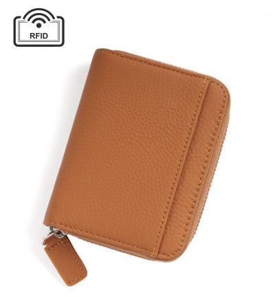 Brown Genuine Leather Women’s Wallet – Short Accordion Card Holder with RFID Protection, Zippered Coin Purse in Cowhide Leather, Japanese Style