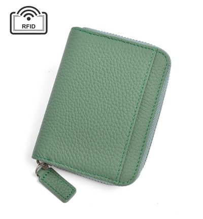 Green Genuine Leather Women’s Wallet – Short Accordion Card Holder with RFID Protection, Zippered Coin Purse in Cowhide Leather, Japanese Style