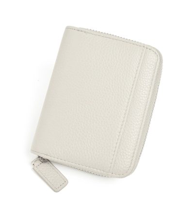 White Genuine Leather Women’s Wallet – Short Accordion Card Holder with RFID Protection, Zippered Coin Purse in Cowhide Leather, Japanese Style