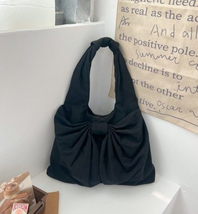 Black Women's Bowknot Shoulder Bag - New Sweet Style, Large Capacity Canvas Tote Bag, Commuter Single Shoulder Handbag