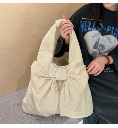 White Women's Bowknot Shoulder Bag - New Sweet Style, Large Capacity Canvas Tote Bag, Commuter Single Shoulder Handbag