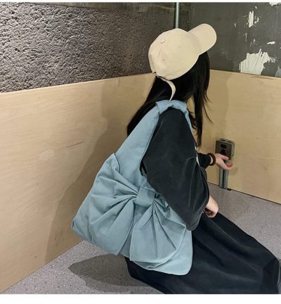 Blue Women's Bowknot Shoulder Bag - New Sweet Style, Large Capacity Canvas Tote Bag, Commuter Single Shoulder Handbag