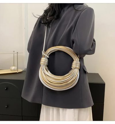 Golden And Sliver Fashionable Candy Color Handbag - Crossbody Women's Woven Bag with Unique Line Design