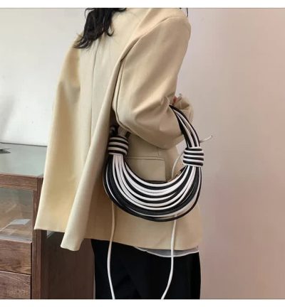 Black And White Fashionable Candy Color Handbag - Crossbody Women's Woven Bag with Unique Line Design