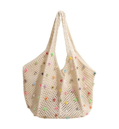 White Summer Woven Handbag – Hollow Straw Beach Tote with Colorful Beads, Lazy Style, Large Capacity Shoulder Bag for Vacation