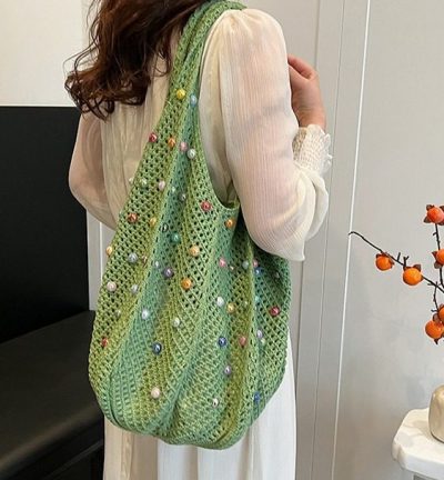 Green Summer Woven Handbag - Hollow Straw Beach Tote with Colorful Beads, Lazy Style, Large Capacity Shoulder Bag for Vacation