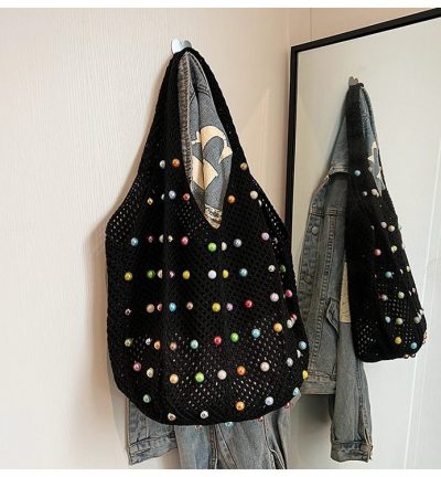 Black Summer Woven Handbag - Hollow Straw Beach Tote with Colorful Beads, Lazy Style, Large Capacity Shoulder Bag for Vacation