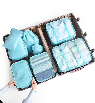 Light Blue 8-Piece Travel Organizer Set – Packing Bags for Clothes, Shoes, Underwear, and Toiletries with Drawstring and Zip Pouches