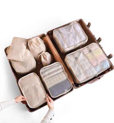 Off White 8-Piece Travel Organizer Set - Packing Bags for Clothes, Shoes, Underwear, and Toiletries with Drawstring and Zip Pouches