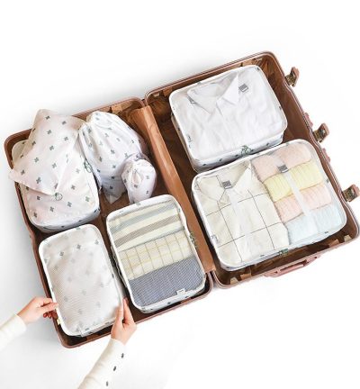 Cactus Pattern 8-Piece Travel Organizer Set - Packing Bags for Clothes, Shoes, Underwear, and Toiletries with Drawstring and Zip Pouches