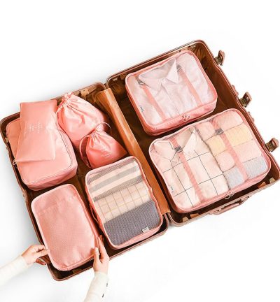 Pink 8-Piece Travel Organizer Set - Packing Bags for Clothes, Shoes, Underwear, and Toiletries with Drawstring and Zip Pouches