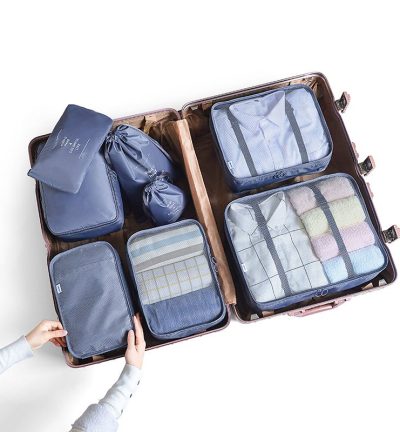 Gray Blue 8-Piece Travel Organizer Set - Packing Bags for Clothes, Shoes, Underwear, and Toiletries with Drawstring and Zip Pouches