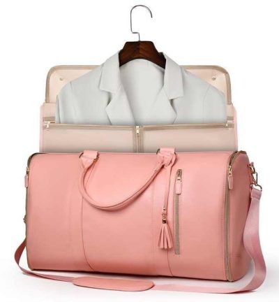Pink  PU Leather Foldable Garment Bag, Women's Travel Duffel with Suit Carrier, Multi-Function Storage