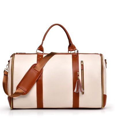 White And Brown  PU Leather Foldable Garment Bag, Women's Travel Duffel with Suit Carrier, Multi-Function Storage
