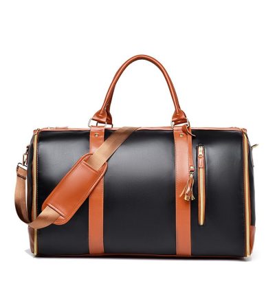 Black And Brown  PU Leather Foldable Garment Bag, Women's Travel Duffel with Suit Carrier, Multi-Function Storage