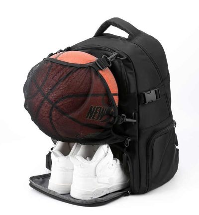 Black Large Capacity Sports Backpack, Waterproof Basketball & Soccer Bag, Separate Shoe Compartment, Student Backpack