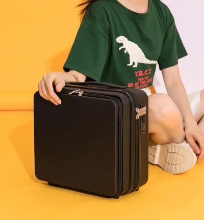 Black Mini 16-Inch Password-Protected ABS Storage and Carry-On Luggage Box | Front-Opening Cosmetic Organizer | Lightweight 1.46kg Travel Case