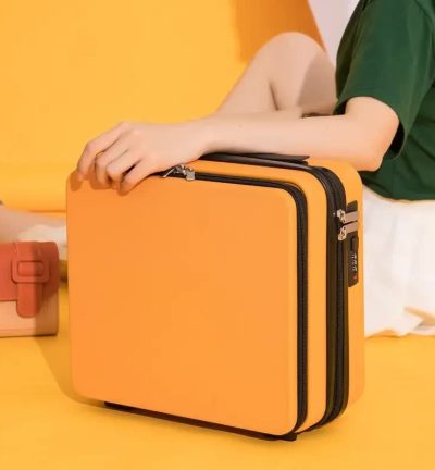 Orange Mini 16-Inch Password-Protected ABS Storage and Carry-On Luggage Box | Front-Opening Cosmetic Organizer | Lightweight 1.46kg Travel Case