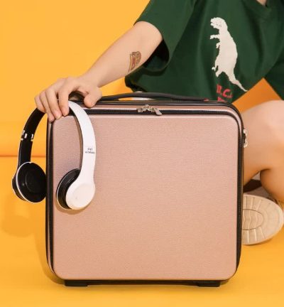 Pink Gray Mini 16-Inch Password-Protected ABS Storage and Carry-On Luggage Box | Front-Opening Cosmetic Organizer | Lightweight 1.46kg Travel Case