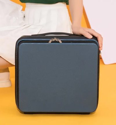 Dark Blue Mini 16-Inch Password-Protected ABS Storage and Carry-On Luggage Box | Front-Opening Cosmetic Organizer | Lightweight 1.46kg Travel Case