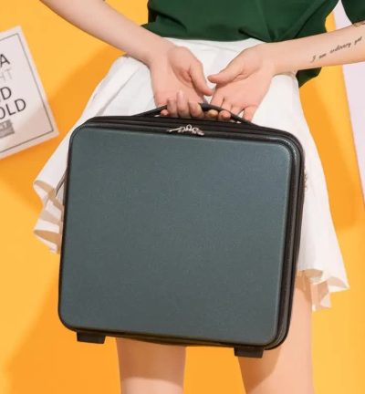 Dark Green Mini 16-Inch Password-Protected ABS Storage and Carry-On Luggage Box | Front-Opening Cosmetic Organizer | Lightweight 1.46kg Travel Case