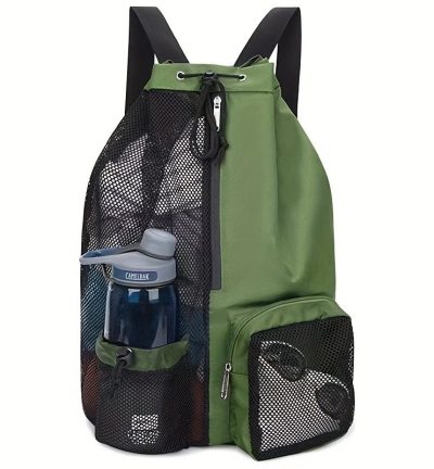 Green Mesh Drawstring Swim Backpack with Wet Pocket - Lightweight Beach, Gym, Outdoor Sports Bag - 245g