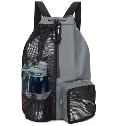 Grey Mesh Drawstring Swim Backpack with Wet Pocket - Lightweight Beach, Gym, Outdoor Sports Bag - 245g