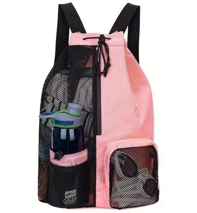 Pink Mesh Drawstring Swim Backpack with Wet Pocket - Lightweight Beach, Gym, Outdoor Sports Bag - 245g