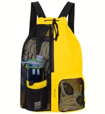 Yellow Mesh Drawstring Swim Backpack with Wet Pocket - Lightweight Beach, Gym, Outdoor Sports Bag - 245g