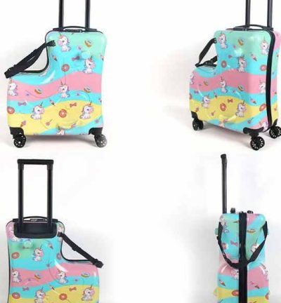 Colorful Kids Ride-On Luggage – 20-Inch Cartoon Travel Suitcase with Footrest, Durable Rolling Carry-On for Children