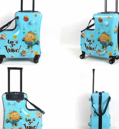 Blue Kids Ride-On Luggage - 20-Inch Cartoon Travel Suitcase with Footrest, Durable Rolling Carry-On for Children