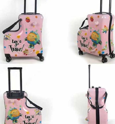 Pink Kids Ride-On Luggage - 20-Inch Cartoon Travel Suitcase with Footrest, Durable Rolling Carry-On for Children