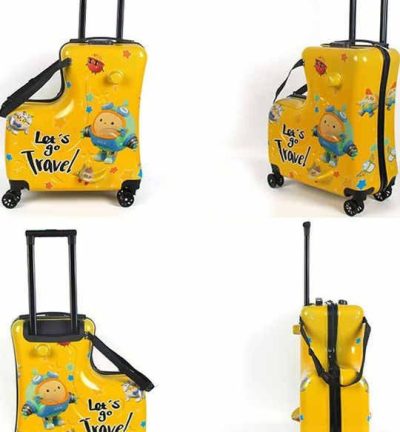Yellow Kids Ride-On Luggage - 20-Inch Cartoon Travel Suitcase with Footrest, Durable Rolling Carry-On for Children