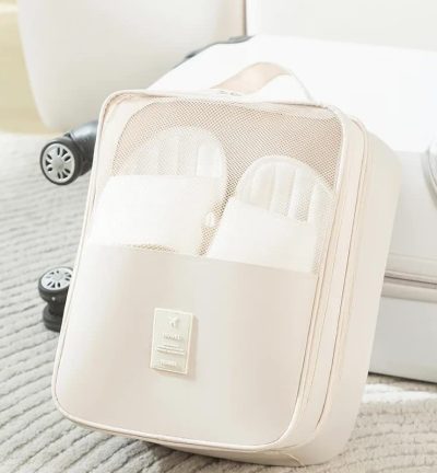 2 Pcs Off White Waterproof Foldable Travel Shoe Storage Bag, Three-Layer Design Shoe Organizer, Portable Shoe Pouch for Trips