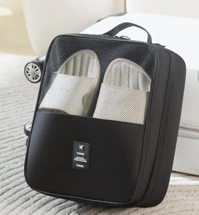 2 Pcs Black Waterproof Foldable Travel Shoe Storage Bag, Three-Layer Design Shoe Organizer, Portable Shoe Pouch for Trips