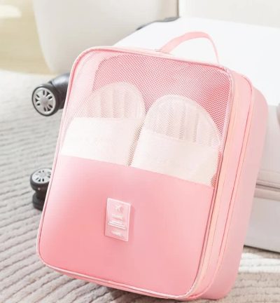 2 Pcs Pink Waterproof Foldable Travel Shoe Storage Bag, Three-Layer Design Shoe Organizer, Portable Shoe Pouch for Trips