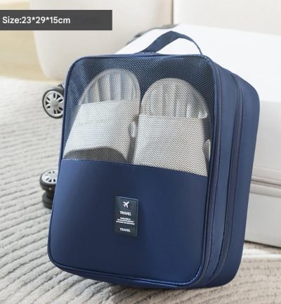 2 Pcs Dark Blue Waterproof Foldable Travel Shoe Storage Bag, Three-Layer Design Shoe Organizer, Portable Shoe Pouch for Trips