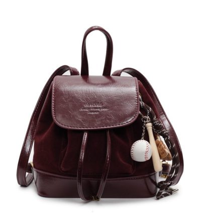Claret Vintage Suede Women's Mini Backpack - New Fashionable Travel Book Bag with Decorative Charm