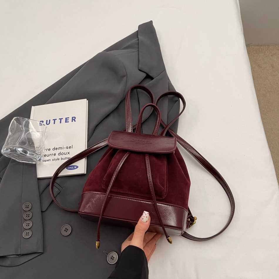 Claret Vintage Suede Women's Mini Backpack - New Fashionable Travel Book Bag with Decorative Charm - Image 2